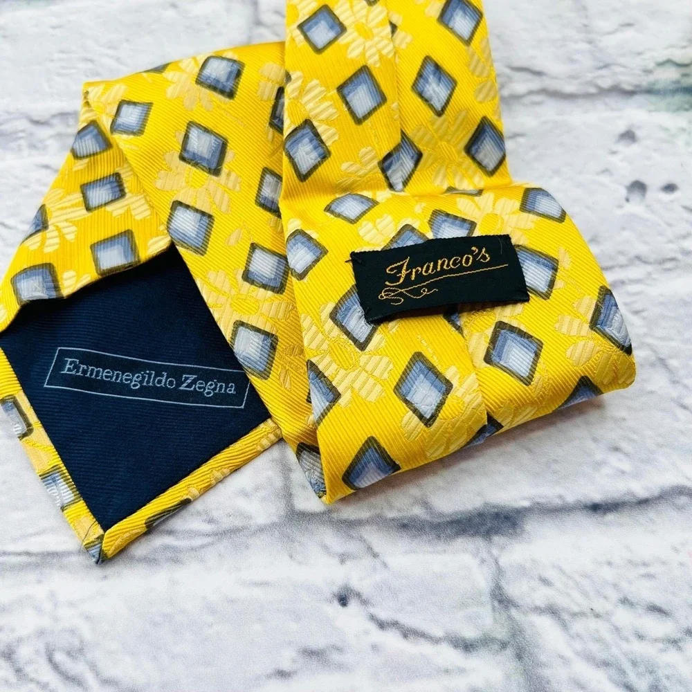Ermenegildo Zegna Silk Necktie Yellow Blue Diamond Pattern Mens Luxury Business